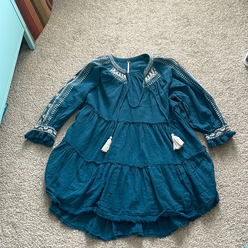 Free People Boho Blue Flowy Tunic Top With Tassels And Cream Stitching size S